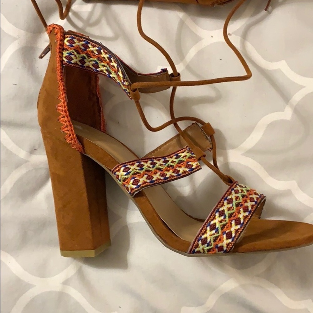 Tan suede embroidered sandals